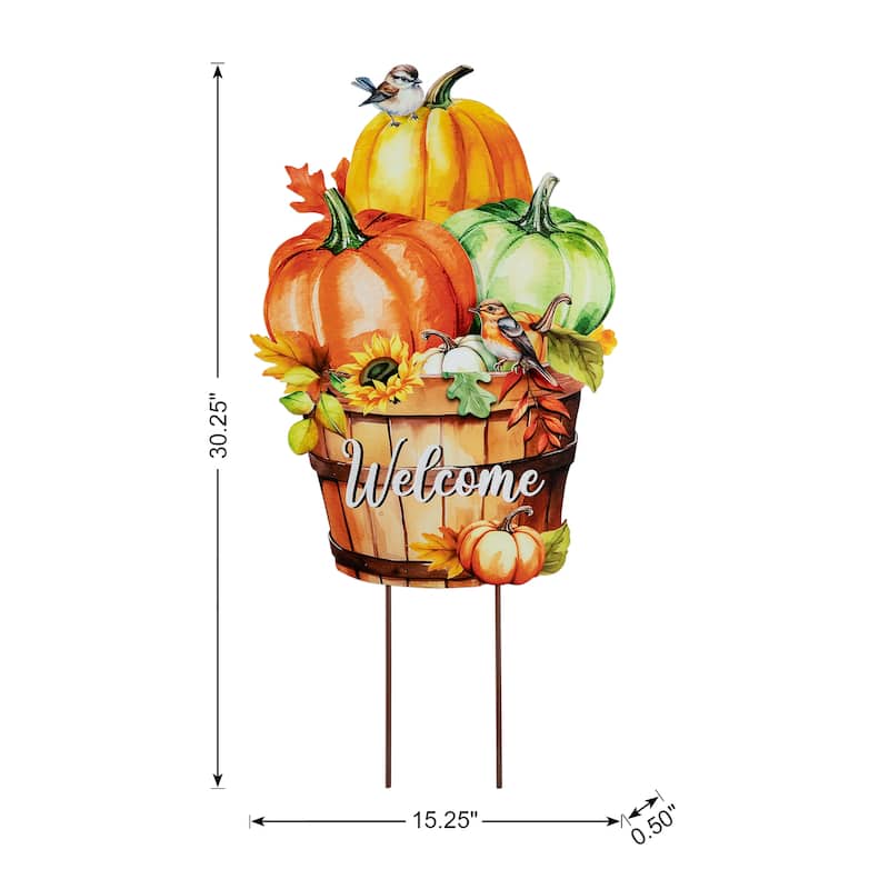 Glitzhome 30"H Fall Metal Wheelbarrow Pumpkin Welcome Barrel Yard Stake Thanksgiving Decor