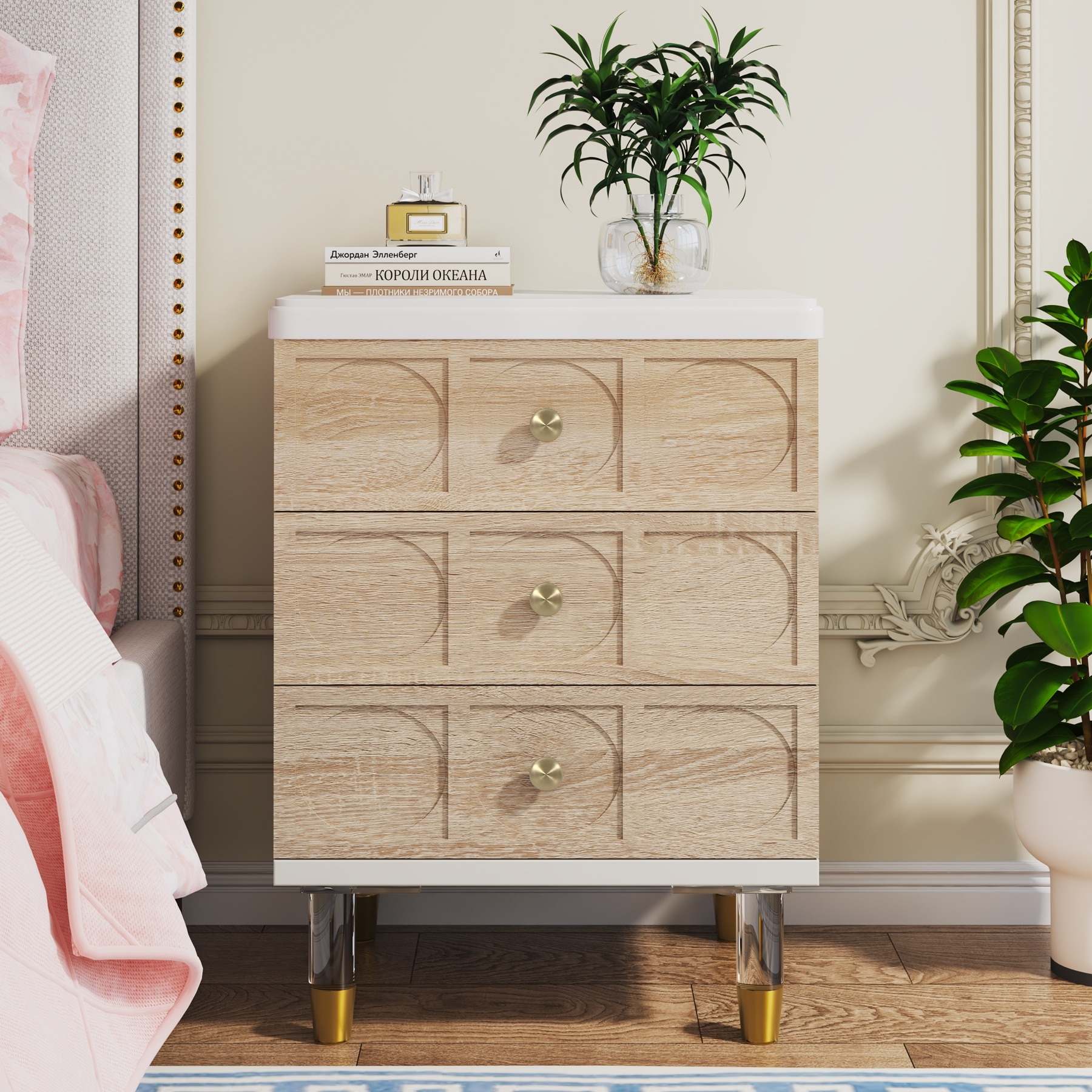 White Gold Nightstand Bedside Table with 3 Drawers