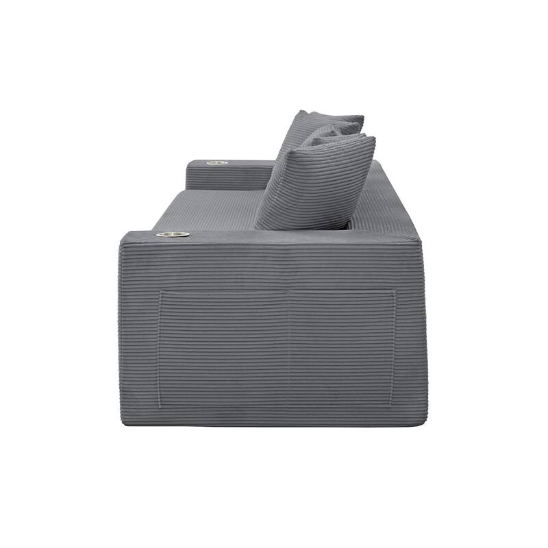 Modern Convertible Loveseat Sofa Bed, Corduroy Fabric Foldable Floor Couch w/5 Pillows, Side Pockets & Cup Holders, No Assembly