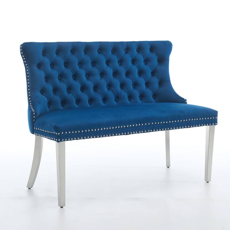 Velvet Double Dining Loveseat Bench, 2-Seat Tufted Bench w/Handmade Buttons, Wing Back, Stainless Steel Legs,Single Pack