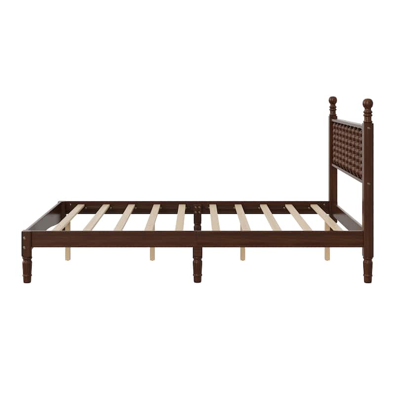 Wood Platform Bed Frame with Gourd Shaped Headboard, Retro Style Low Profile Bed with Wooden Slat Support, No Box Spring Needed