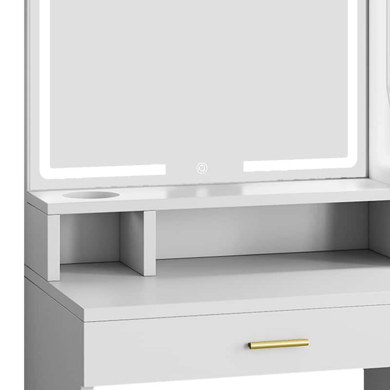 Moasis Makeup Vanity Desk with Mirror and Lights, Dressing Table with 2 Storage Drawers & Hairdryer Holder