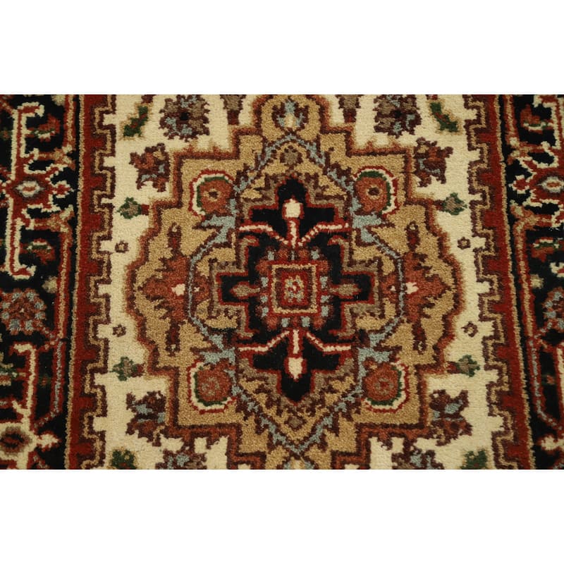 Hand Knotted Oriental 100% Wool Carpet Traditional Geometric Beige & Ivories Heriz (serapi) Runner Rug - 9' 11'' X 2' 5''
