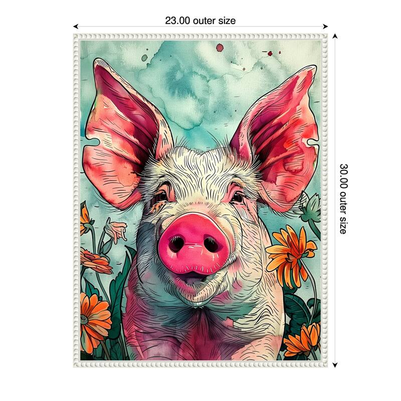 Pig in Flowers by Justyna Jaszke Framed Canvas Wall Art - 23 x 30 in