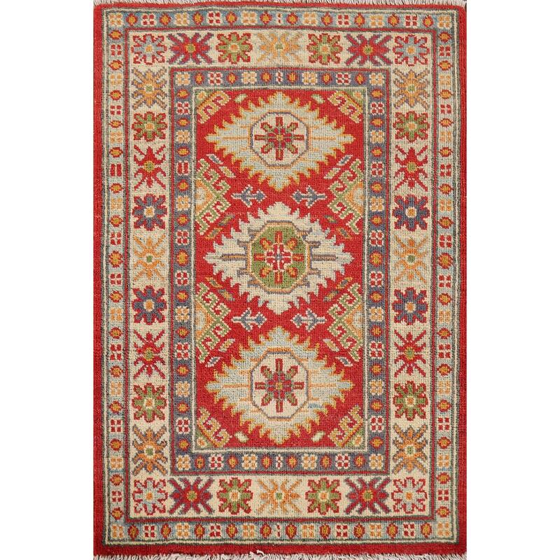 Geometric Kazak Oriental Foyer Rug Handmade Red Wool Carpet - 2'0" x 2'11"
