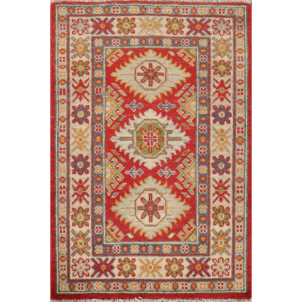 Geometric Kazak Oriental Foyer Rug Handmade Red Wool Carpet - 2'0" x 2'11"