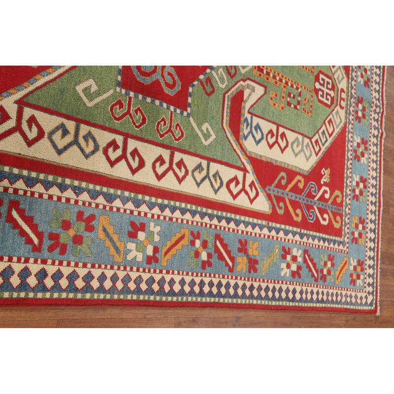 Green & Red Kazak Area Rug Hand-Knotted Wool Carpet - 6'7" x 9'7"