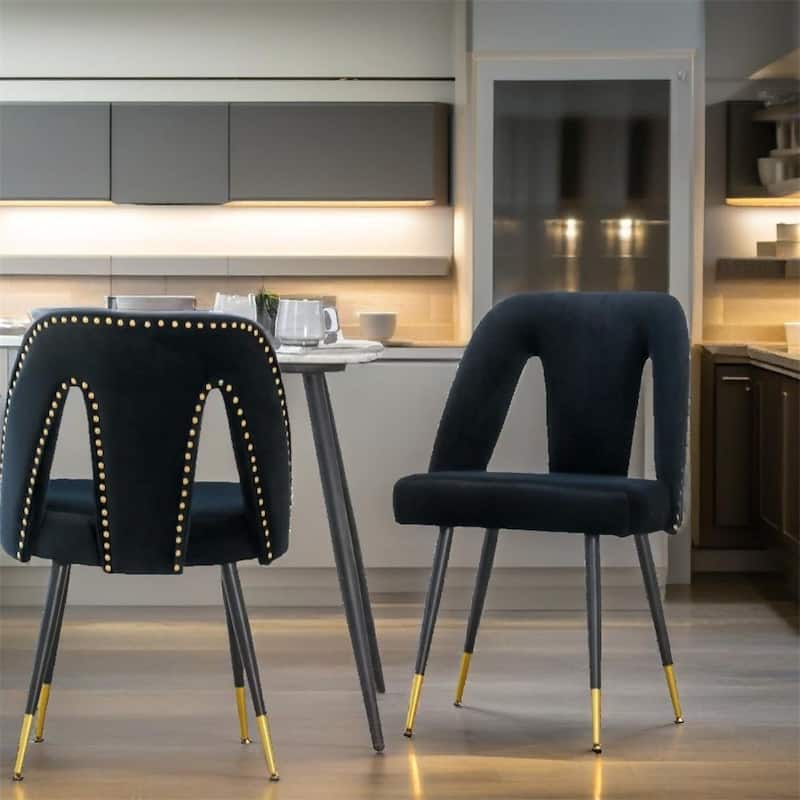 Velvet Upholstered Dining Chair w/ Nailheads and Metal Legs（Set of 2) - N/A