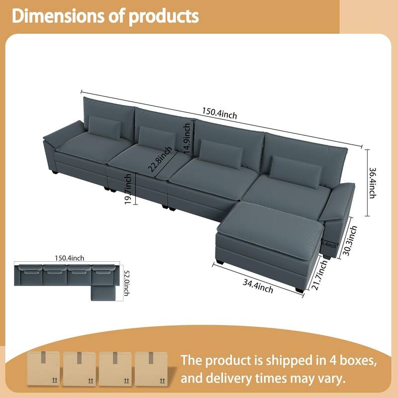 Kullavik Cloud Chenille L-Shaped Sofa, Modular Sectional Sofa with Ottoman, Throw Pillows and Double Layered Cushion