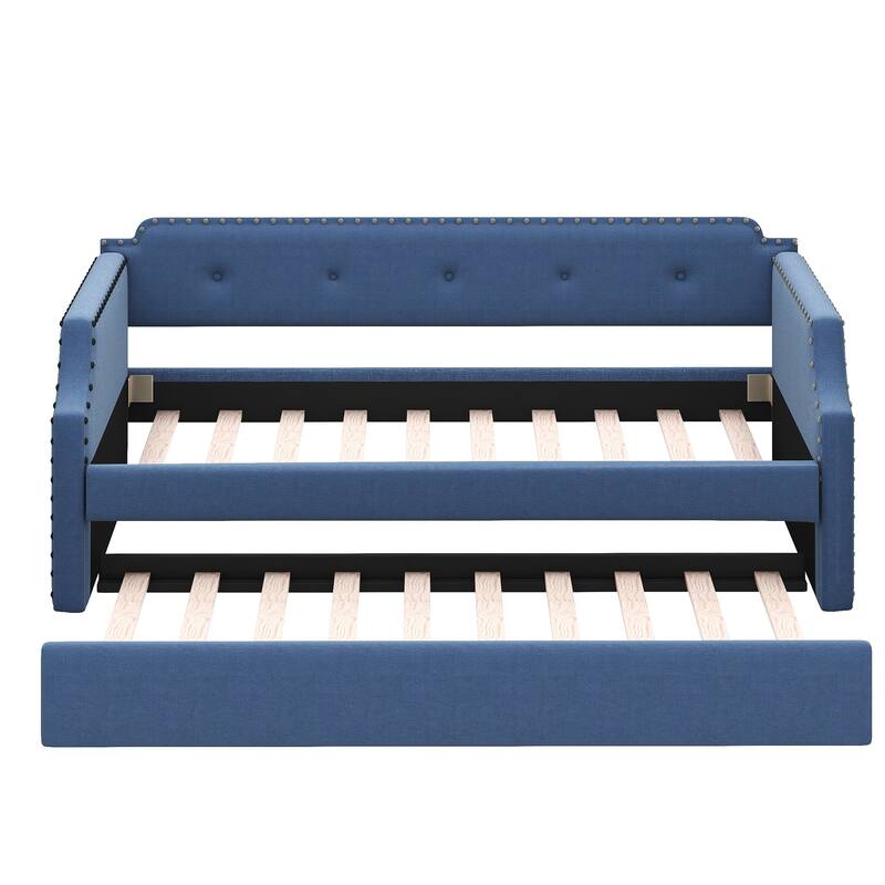 Twin Daybed with Trundle, Upholstered Frame, Wood Slats, Sofa Bed with Extra Sleeping Space