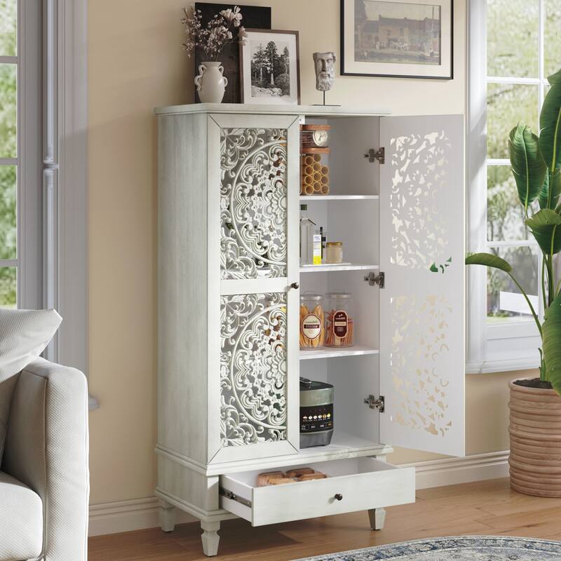 Tall Storage Cabinet with Drawer, Decorative 2-Door Carved Wood Accent Cabinet