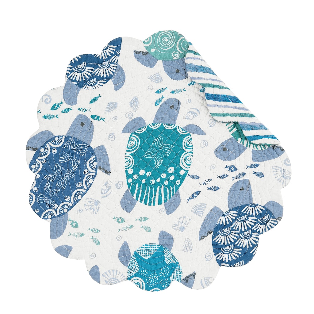 Turtle Bay Round Quilted Reversible Blue Coastal Placemat Set of 6 - Set of 6