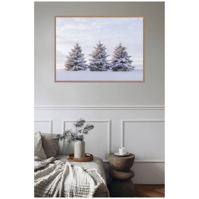 Kate and Laurel Sylvie Beaded Snowy Pine Trees Framed Canvas by Stephanie Klatt