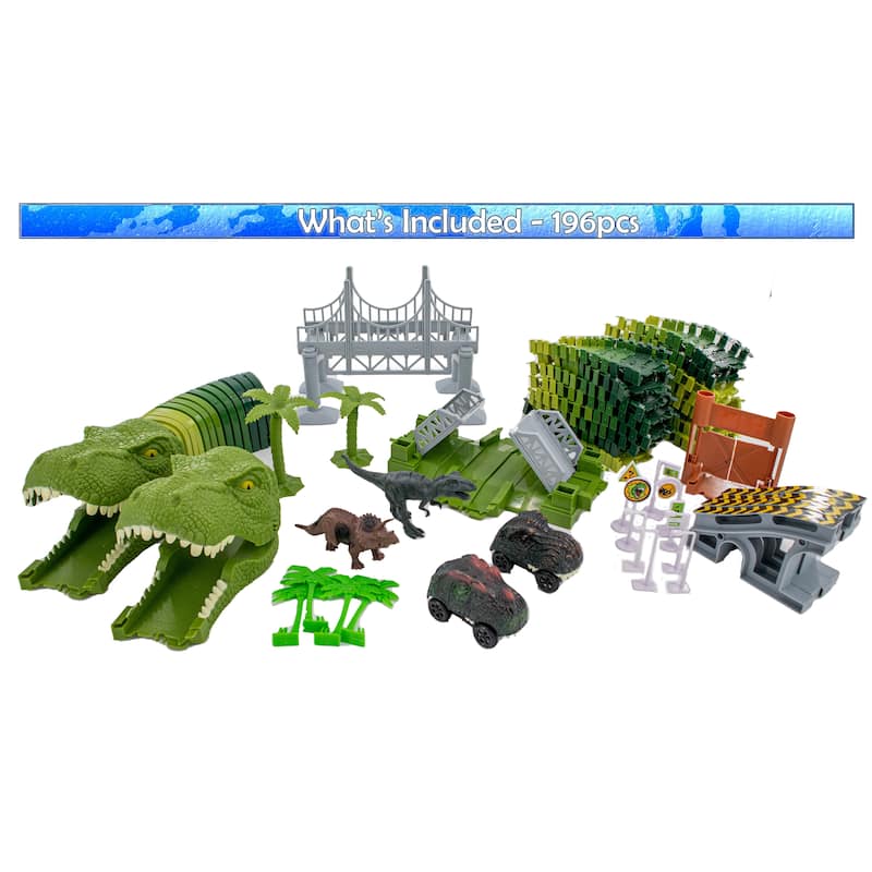 Magical Dino Twisting Race Track -Tunnel, Drawbridge & Bridge Flexible Bending Race Tracks w/ 2 Race Track Slot Car Toy - 196 pc