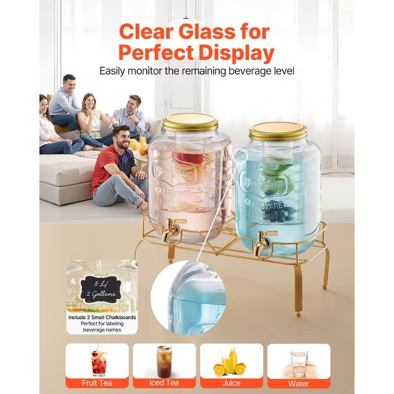 Transparent Glass Dual Cylinder Beverage Dispenser with Metal Stand and Chalkboards - 18.5 x 8.27 x 17.7 in