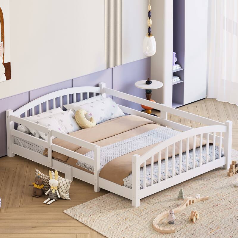 Montessori Floor Bed with Fence - Full/Twin Solid Wood, Slats & Safety Guardrails, Easy Assemble