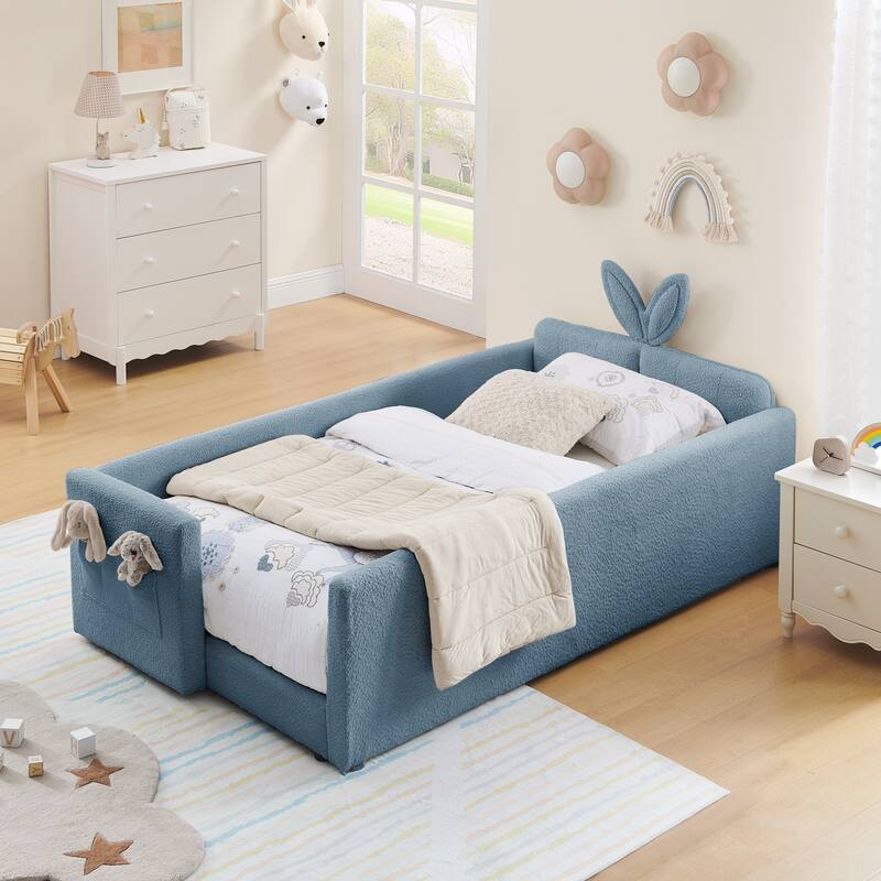 Roomfitters Twin Upholstered Platform Bed with Rabbit Ear Headboard, Safety Rail and Side Pocket, Boucle Fabric - Baby Blue - Twin