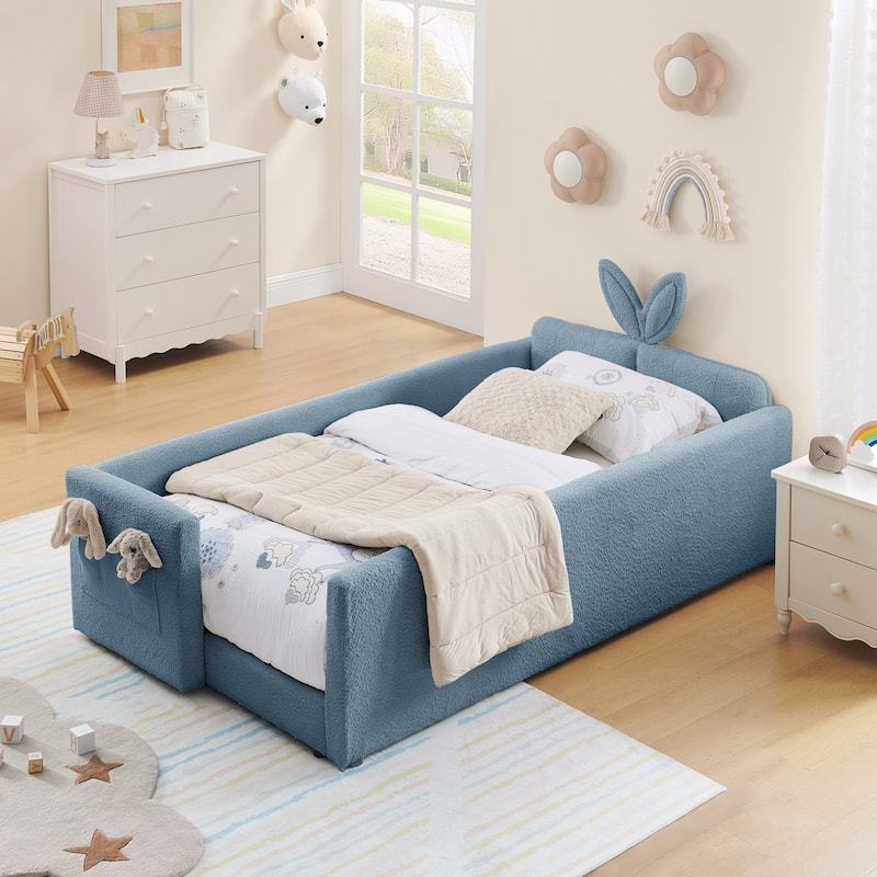 Twin Size Upholstered Platform Bed with Cute Rabbit Ear Shaped Headboard, with Safety Rail and Pocket, Boucle Fabric, Sky blue
