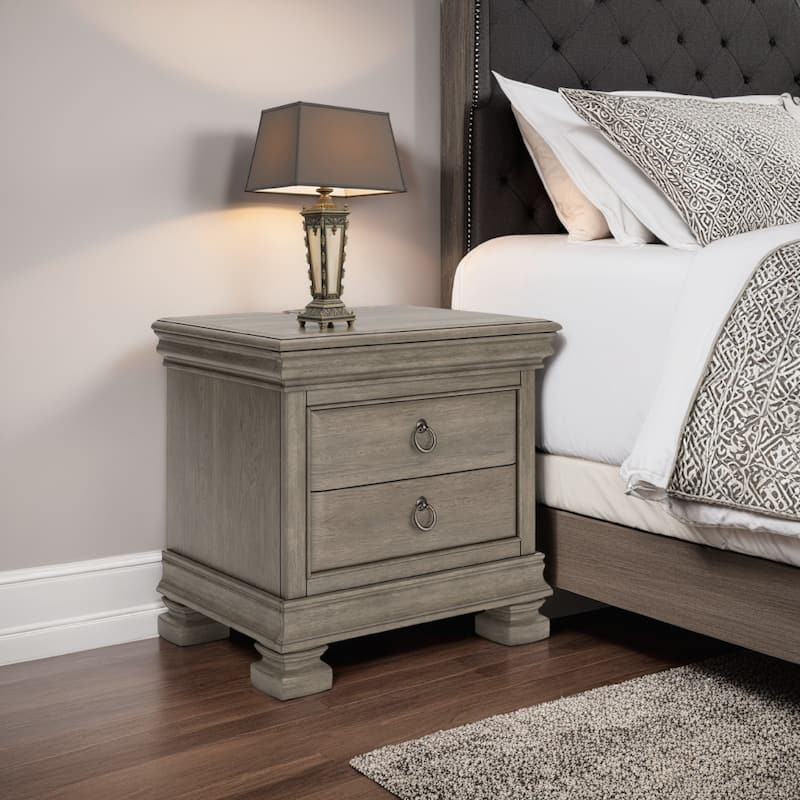 Orny Nightstand, 3 Drawer, 28 Inch, Light Gray Solid Hardwood Finish