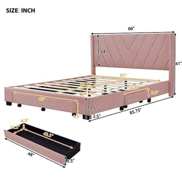 Queen Size Linen Upholstered Platform Bed w/ 3 Drawers Storage Bed Frame for Kids Teens Adults Space-Saving, Easy Assembly, Pink
