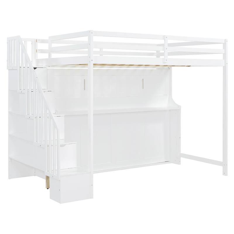 Full Over Full Versatile Wooden Murphy Bed with Storage Staircases & Desk, Space-Saving Foldable Wall Bed with Hydraulic Lift