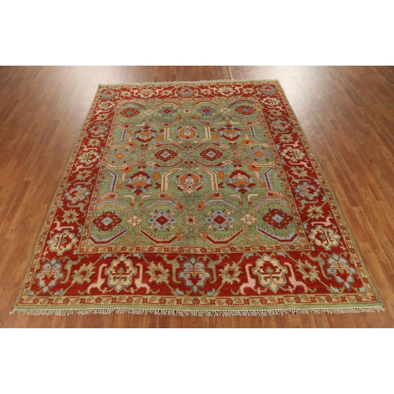 Hand Knotted Oriental 100% Wool Carpet Traditional Geometric Green Heriz (serapi) Area Rug - 9' 10'' X 8' 0''