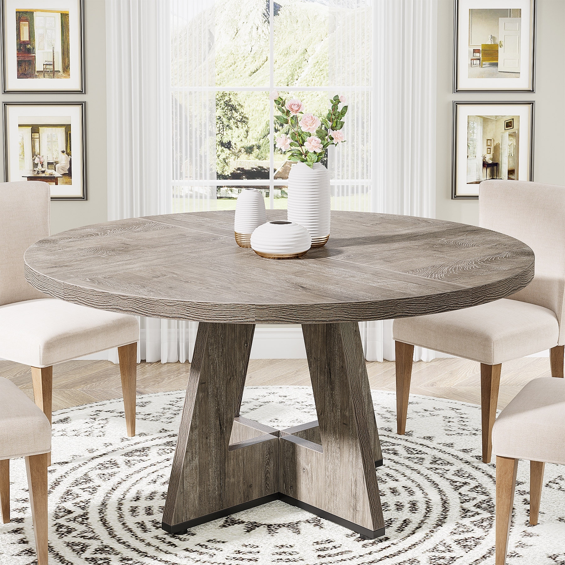 47" Round Dining Table for 4, Farmhouse Kitchen Table Small Dinner Table Wood Kitchen Table for Dining Room Living Room