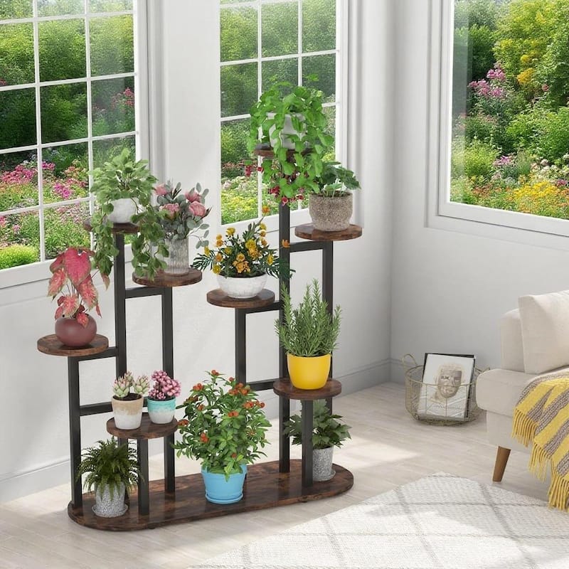 Black-Brown Metal Particleboard Multi-Tier Plant Stand for 11 Pots - 39.37” W x 43.3” H