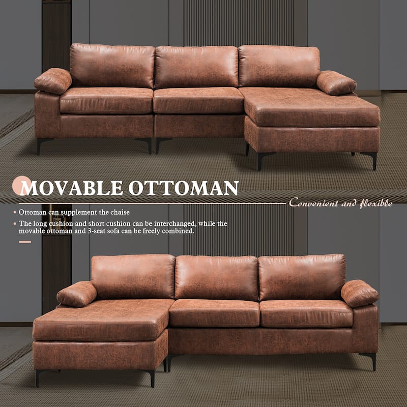 OVIOS Mid-Century Suede Reversible Chaise Sofa With Metal Legs