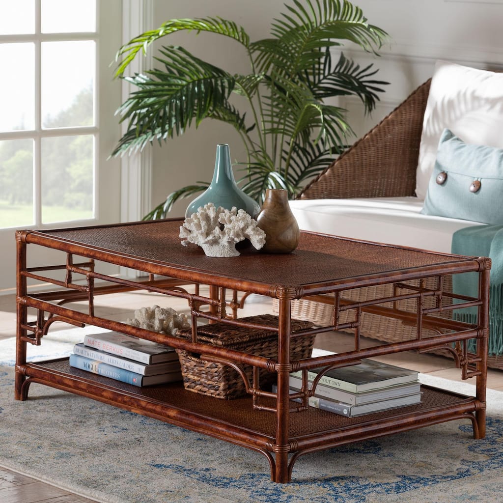 Sebalio Tortoise Natural Rattan Coffee Table with Shelf - Vintage Style Table for Living Room, Sunroom, or Coastal Living Space
