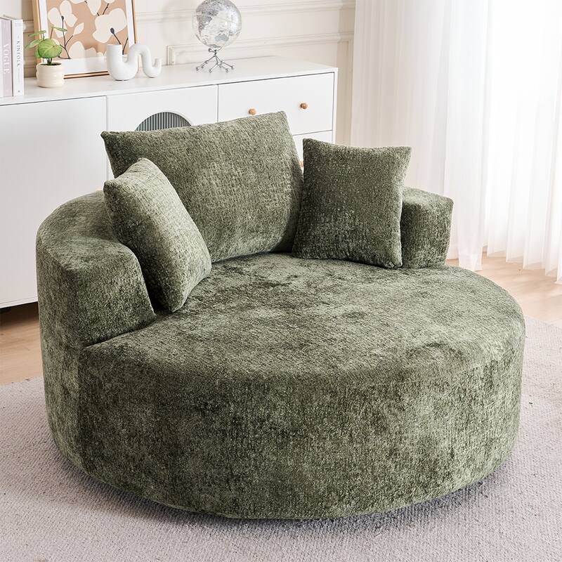 Round Accent Chair with High-Resilience Cushions, Swivel Chenille Barrel Chair, Fluffy Sleeper Lounge Chair