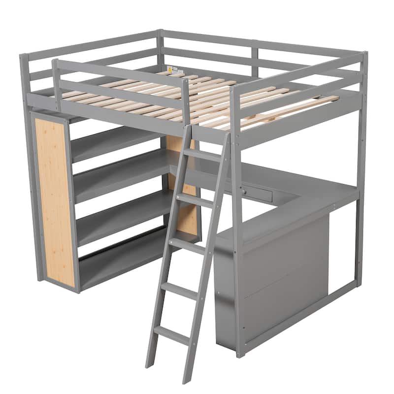 Gray Loft Bed with Desk, Shelves, Drawer, and Ladder, Full-Length Guardrail
