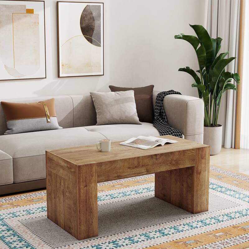 48" Farmhouse Coffee Table, Rectangle Wooden Center Table with Hidden Storage Drawer, Thick Coffee Tables for Living Room - Wood