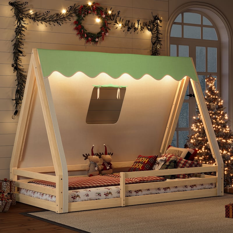 Teepee Montessori Bed for Toddlers, House-shaped Platform Bed Kids Playful Floor Bed with Tent, Sunroof and Light Strip - Natural - Twin