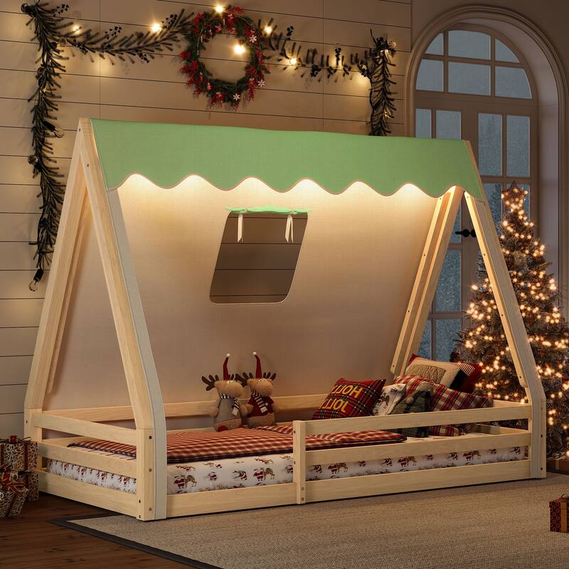 Twin Size House Floor Bed with Tent and Light, Solid Wood Teepee Floor Bed with Full-length Guardrails - Natural