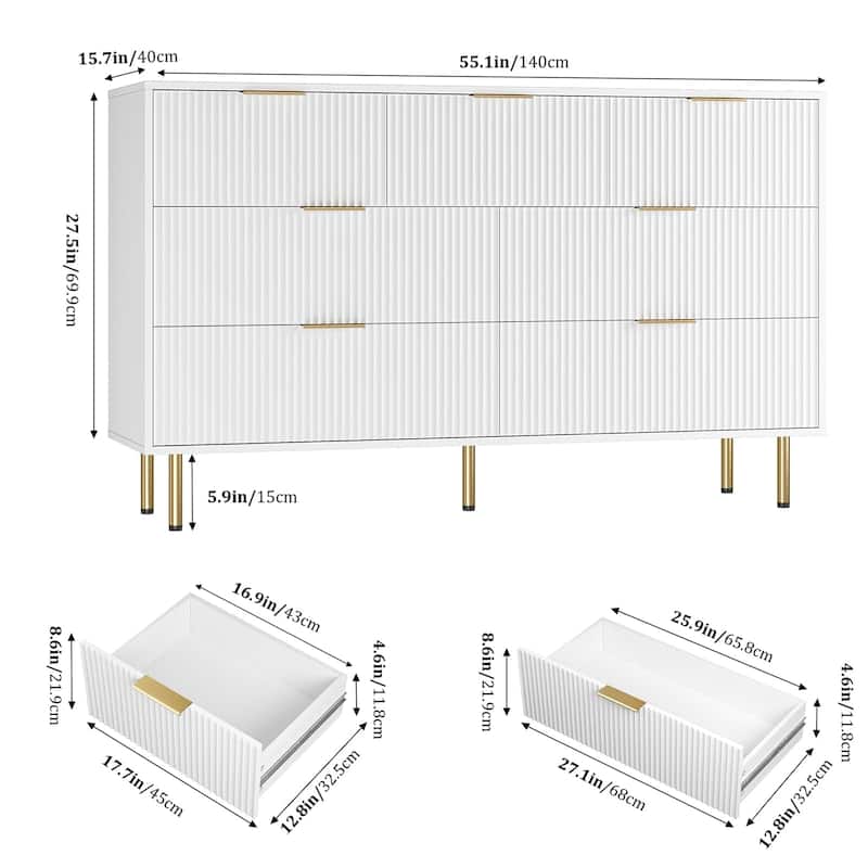 7 Drawer Fluted Dresser for Bedroom, Modern Wooden Storage Chest with Gold Handles