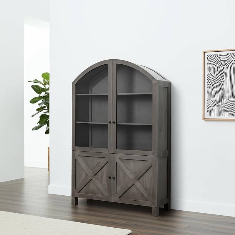 HomeRoots 73" Gray Solid Wood Carved Geometric China Cabinet With Four Doors - Gray