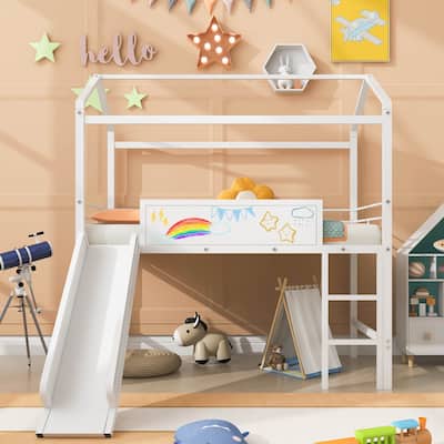 Metal House Bed With Slide, Metal Loft Bed with Two-sided writable Wooden Board