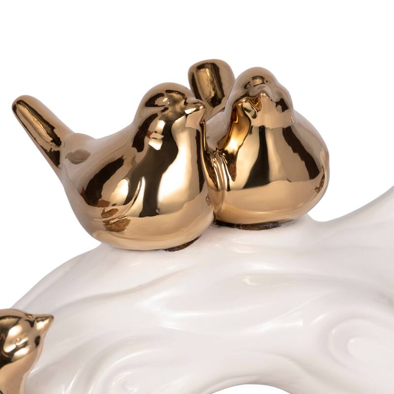 Porcelain Bird Statue with White Branch Base - 14", White & Gold - 14" x 5" x 6"