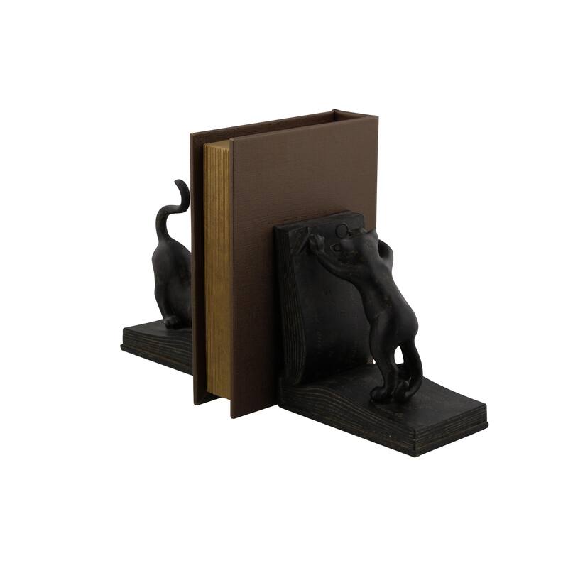 Black Polystone Reading Cat Decorative Bookends (Set of 2)