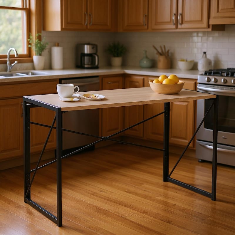 Homy Casa Folding Dining Table with Black Metal Frame and Wood Top - Black