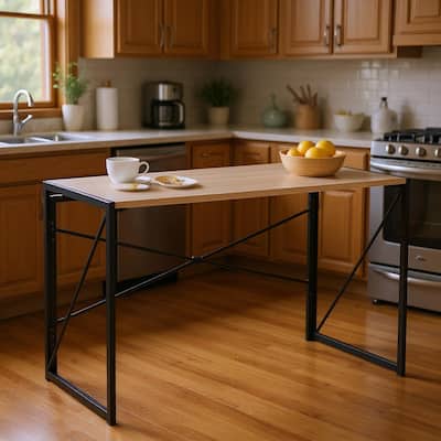 Homy Casa Folding Dining Table with Black Metal Frame and Wood Top