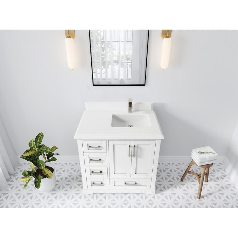 Willow Collections 36 x 22 Boston Right Offset Sink Bathroom Vanity with Quartz or Marble Countertop - 1.5"White - White