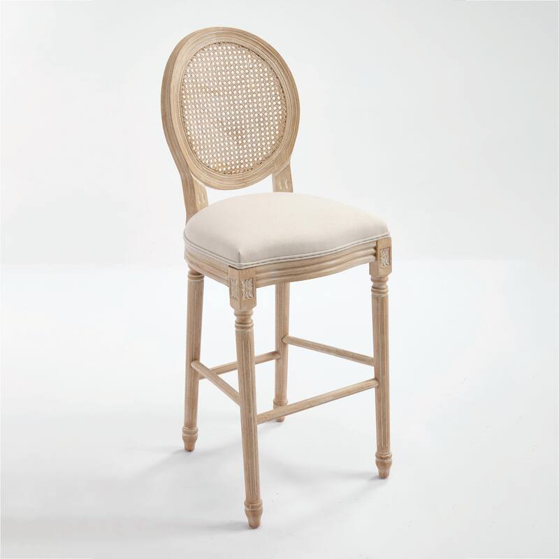 Set of 2 French Country Dining Chairs, Upholstered with Natural Rattan Round Back