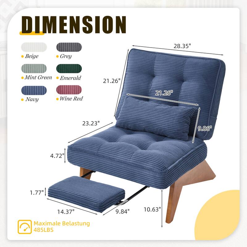 HOMEFUN Upholstered Modern Multi-Position Adjustable Wooden Base Lounge Chair with Footrest and Lumbar Pillow