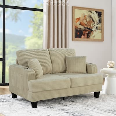 61" Contemporary Corduroy Loveseat Sofa with 2 Pillows and Cup Holder