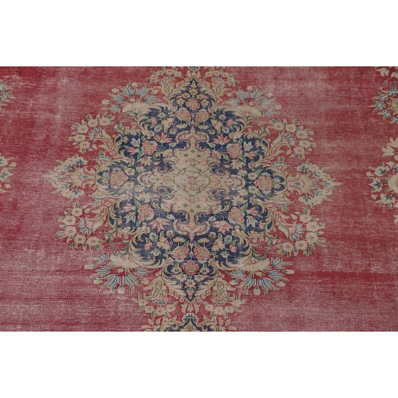 Distressed Pink Kerman Persian Antique Area Rug Handmade Wool Carpet - 9'9" x 13'3"