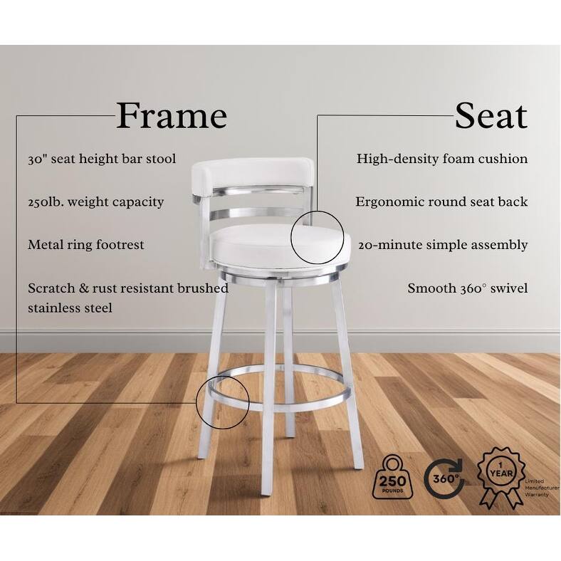 Titana Faux Leather Upholstered Swivel Bar/Counter Stool in Brushed Stainless Steel