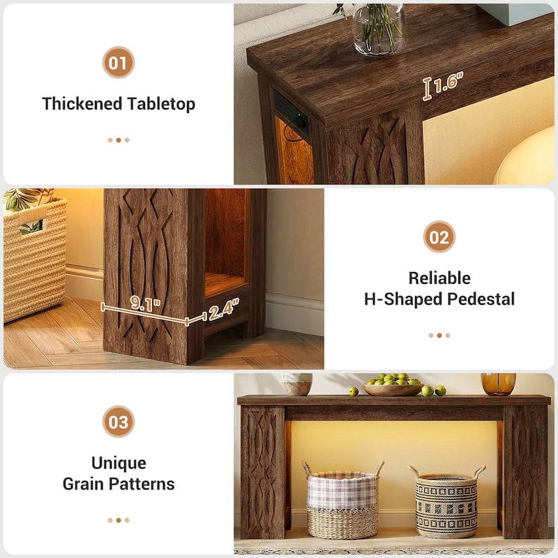 63" Farmhouse Console Table with RGB LED Lights ＆ Power Outlets, Unique Carved Design Entryway Table, Wooden Sofa Table