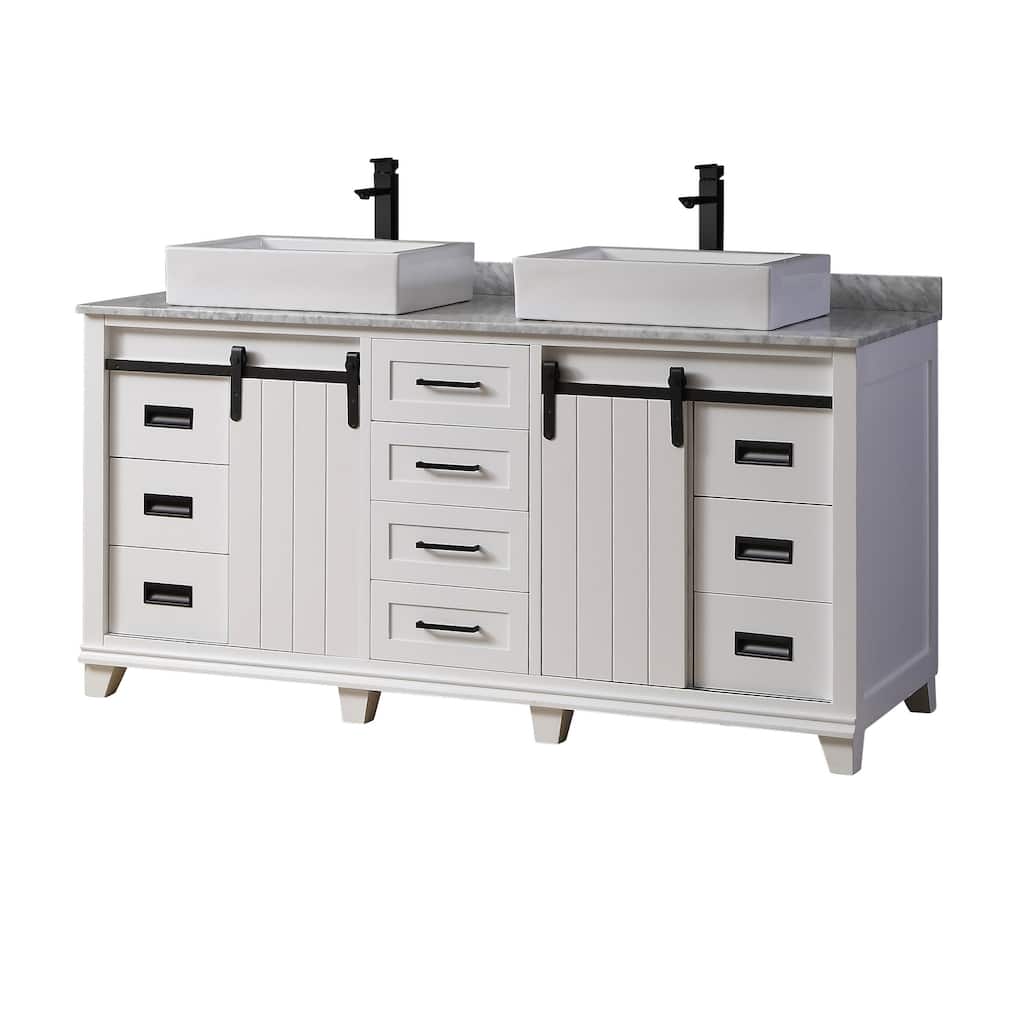 Chanceton 72 in. Vanity in White with White Carrara Marble Top with Vessel Sinks